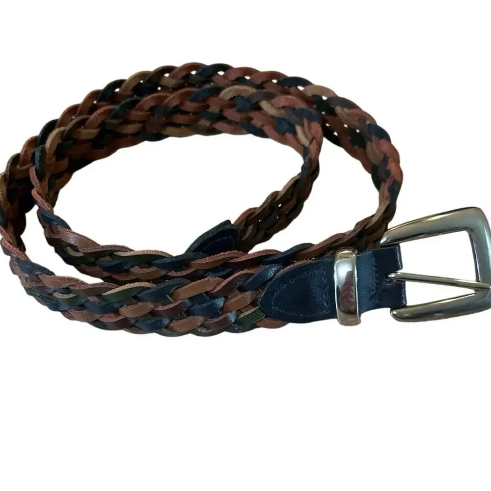 Vintage Braided Leather Belt Brown Blue Green Woven Boho Preppy Western 38